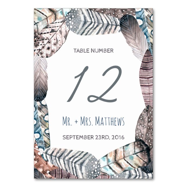 Moderne Tribal Feathers Bohemisch Hochzeit Tischnummer (Vorderseite)