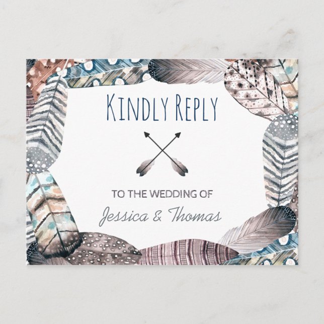 Moderne Tribal Feathers Bohemisch Wedding RSVP Einladungspostkarte (Vorderseite)
