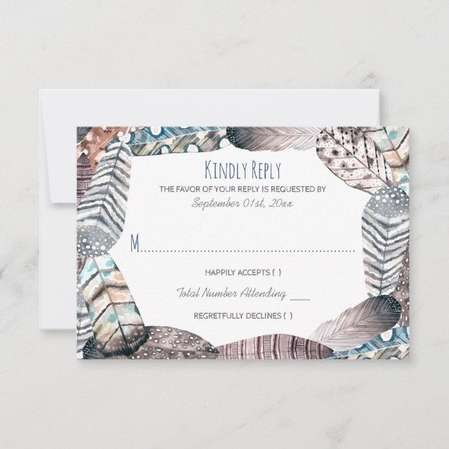 Moderne Tribal Feathers Bohemisch Wedding RSVP Karte (Vorderseite)