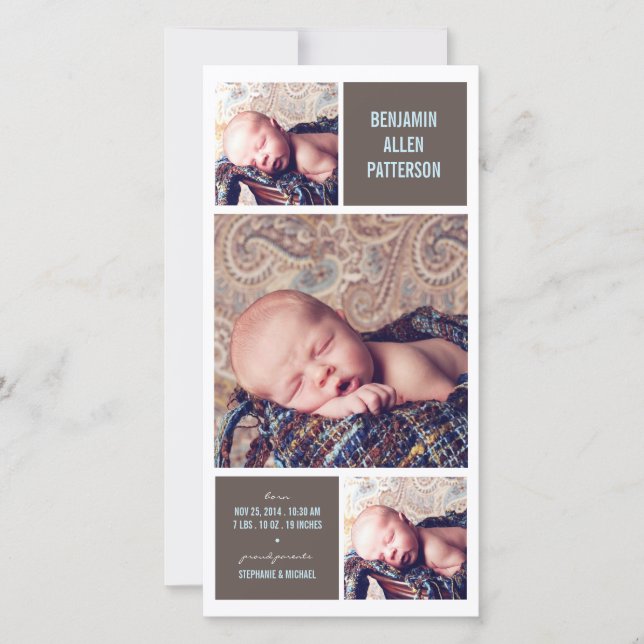 Moderne Trio Foto Baby Boy Geburtserklärung Ankündigung (Vorderseite)