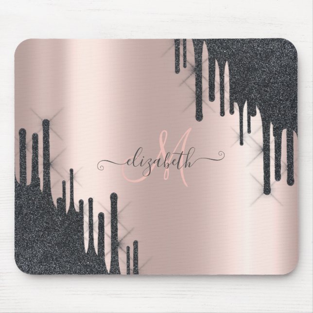 Moderne Tropfen mit schwarzem Glitzer Rose Gold Mo Mousepad (Vorne)