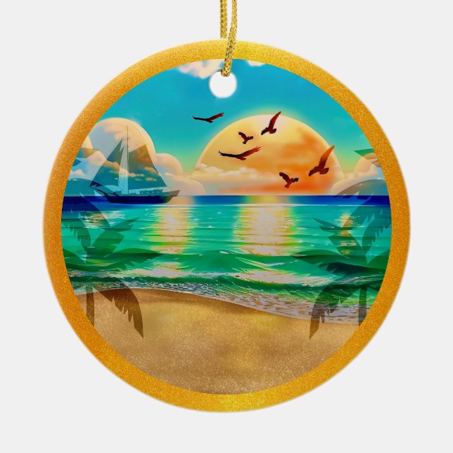 Moderne Tropical Beach Palm Bäume Sonnenuntergang  Keramik Ornament (Vorne)