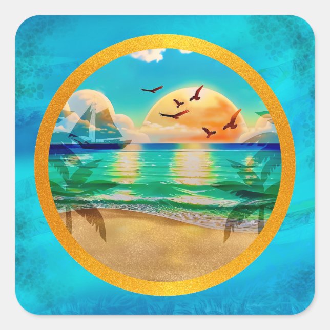Moderne Tropical Beach Palm Bäume Sonnenuntergang  Quadratischer Aufkleber (Vorderseite)