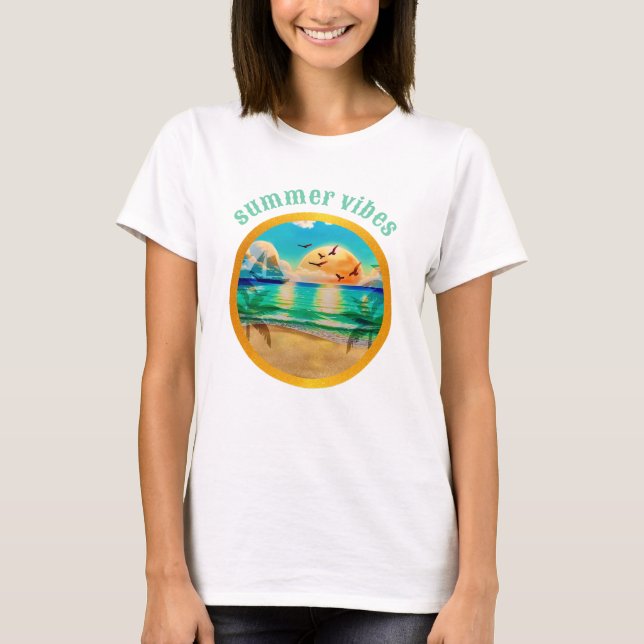 Moderne Tropical Beach Palm Bäume Sonnenuntergang  T-Shirt (Vorderseite)