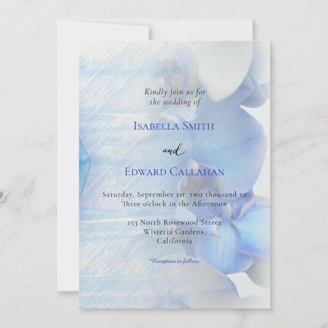 Moderne Tropical Blue Orchid Floral Wedding Einladung (Vorderseite)