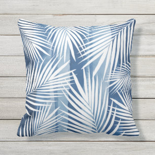 Moderne Tropical Blue White Palm Blätter Kissen