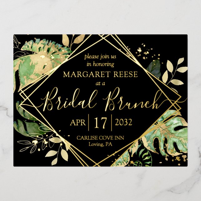 Moderne Tropical Bridal Brunch Dusche Black & Gold Folie Einladungspostkarte (Vorderseite)