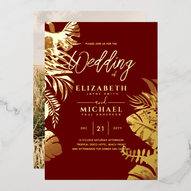 Moderne Tropical Disco Gold FOTO Hochzeit Folieneinladung (Vorderseite/Rückseite)