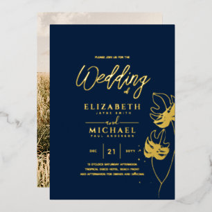 Moderne Tropical Disco Gold FOTO Hochzeit Folieneinladung