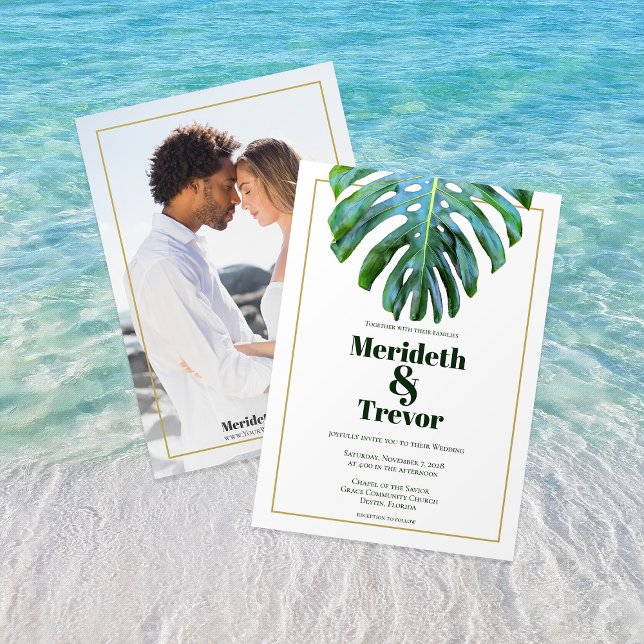 Moderne Tropical Leaf Gold Foto Beach Hochzeit Einladung (Von Creator hochgeladen)