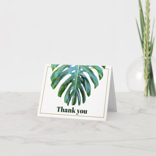 Moderne Tropical Monstera Leaf Gold Beach Hochzeit Dankeskarte (Vorderseite)