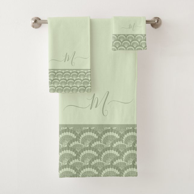 Moderne Tropical Sage Green Seashell Muschel Elega Badhandtuch Set (Insitu)