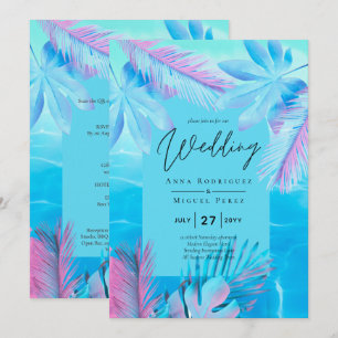 Moderne Tropical Summer Aqua Blue Pink Hochzeit Einladung