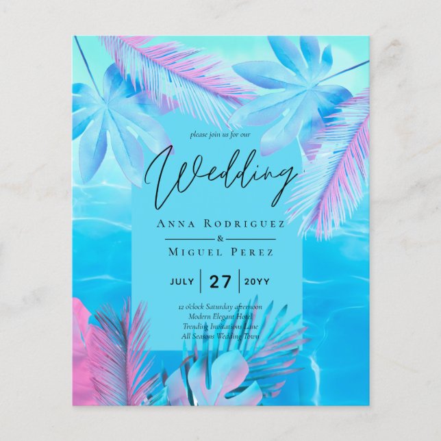 Moderne Tropical Summer Aqua Blue Pink Hochzeit Flyer (Vorne)