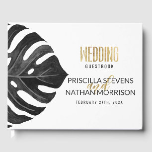 Moderne Tropical Swiss Cheese Leaf Gold Wedding Gästebuch