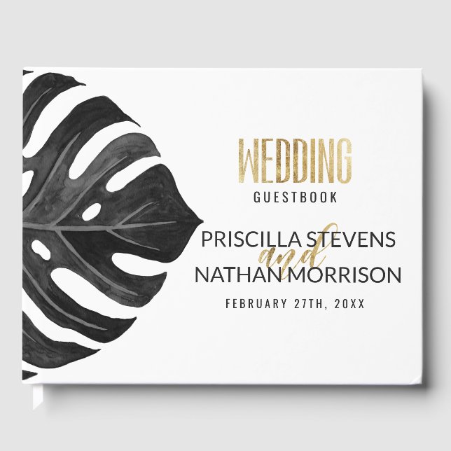 Moderne Tropical Swiss Cheese Leaf Gold Wedding Gästebuch (Vorderseite)