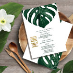 Moderne Tropical Swiss Cheese Leaf Gold Wedding Menükarte<br><div class="desc">Eleganter, moderner und einfacher grüner tropischer Strand schweifen Käse-Monstera-Blatt auf weißem Hintergrund mit Imitaten bedruckte Goldfolie Typografie Sommer Hochzeitsempfang Karte. Dieses klassische und raffinierte Design eignet sich perfekt für den eleganten, stilvollen und trendigen Hochzeitsempfang. Personalisieren Sie Ihre Speisen auf der Vorderseite mit Ihren Namen und Daten. Dann passen Sie die...</div>