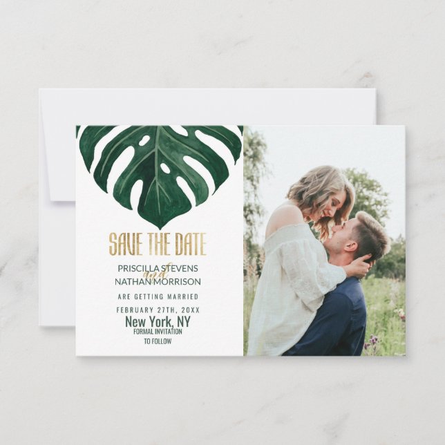 Moderne Tropical Swiss Cheese Leaf Gold Wedding Save The Date (Vorderseite)