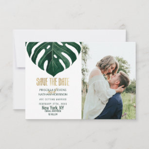 Moderne Tropical Swiss Cheese Leaf Gold Wedding Save The Date