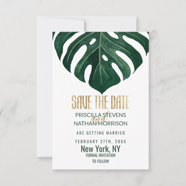 Moderne Tropical Swiss Cheese Leaf Gold Wedding Save The Date (Vorderseite)