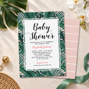 Moderne Tropicale Palmwedel-Baby-Party in Rosa Einladung
