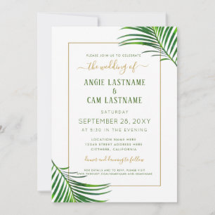 Moderne Tropics Palm Leaf Green und Gold Hochzeit Einladung