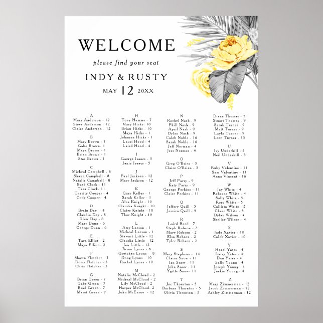 Moderne tropische alphabetische Sitzkarte Poster (Vorne)