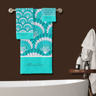 Moderne tropische Aquamarin türkise Aqua Seashell Badhandtuch Set