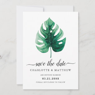 Moderne tropische Aquarell-Grün-Monstera-Blatt Save The Date