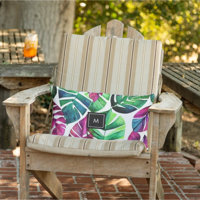 Moderne tropische Blätter in Aquarellen mit Monogr Kissen Für Draußen (Stuhl )