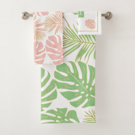 Moderne tropische Blätter in Weiß und Rosa Badhandtuch Set
