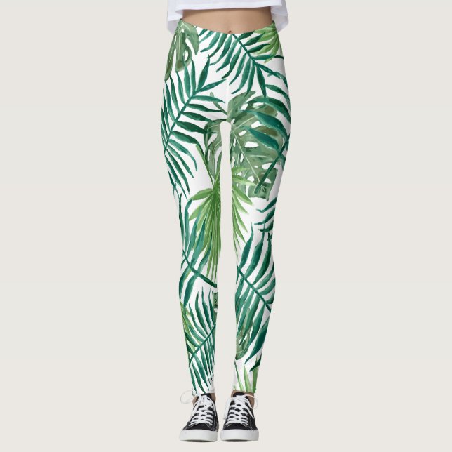 Moderne tropische Blätter mit Palmen Leggings (Vorderseite)