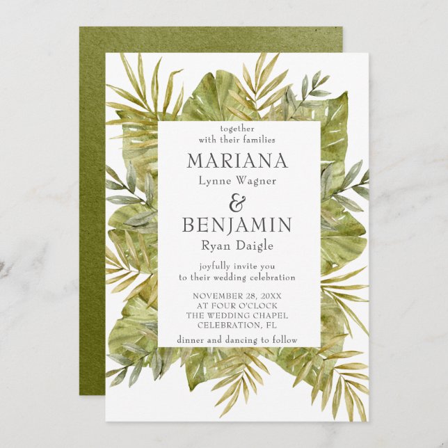 Moderne tropische Blätter zeigen Grün Einladung (Vorne/Hinten)