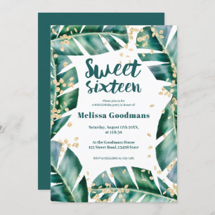 Moderne tropische Blattgold Wasserfarbe Süß 16 Einladung