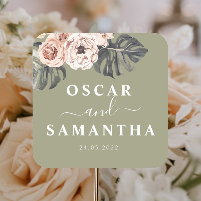 Moderne tropische Chaki-Blätter und Orchideen Quadratischer Aufkleber (Von Creator hochgeladen)