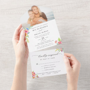 Moderne tropische elegante Skript-Foto-Hochzeit All In One Einladung