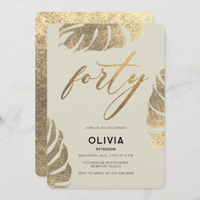 Moderne tropische Gold Elegant Foliage 40. Geburts Einladung (Vorne/Hinten)