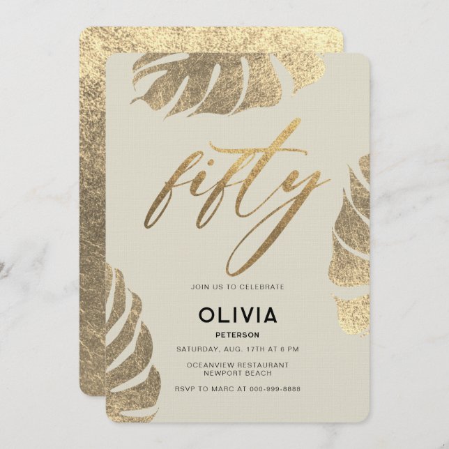 Moderne tropische Gold Elegant Foliage 50. Geburts Einladung (Vorne/Hinten)
