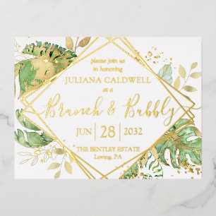 Moderne tropische Hochzeitsbrunch & Bubbly Gold Folie Einladungspostkarte