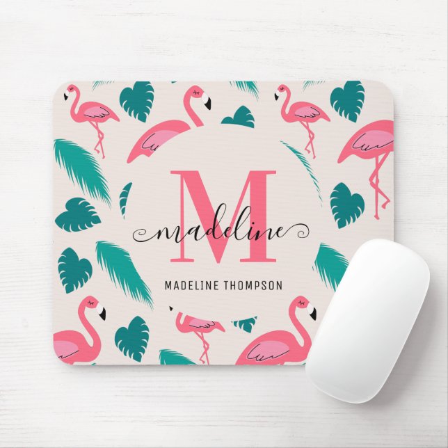 Moderne tropische Monogramm-Blätter Hot Pink Flami Mousepad (Mit Mouse)