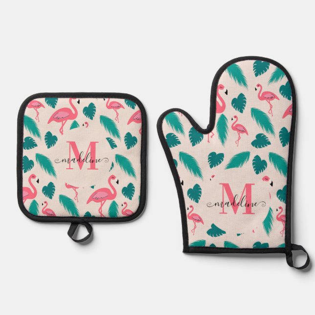 Moderne tropische Monogramm-Blätter Hot Pink Flami Ofenhandschuh & Topflappen-Set (Vorderseite)