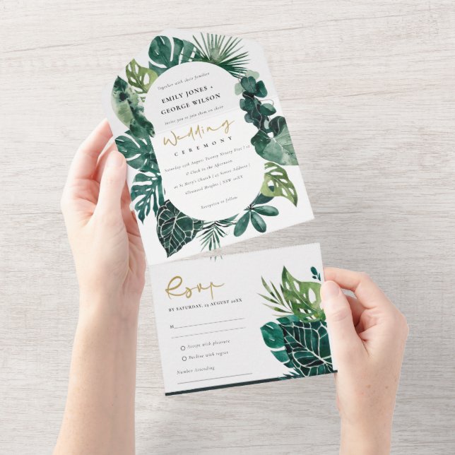 MODERNE TROPISCHE MONSTERA FOLIAGE GREEN WATERCOLO ALL IN ONE EINLADUNG (Abreißen)