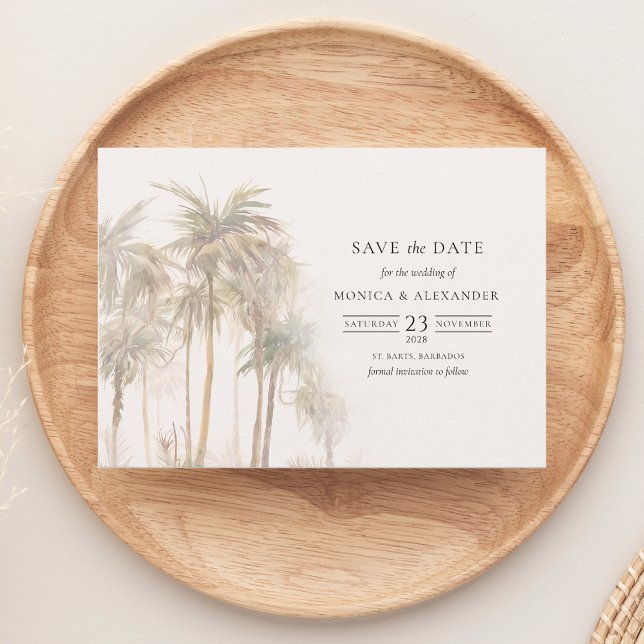 Moderne tropische Palmen Save The Date (Modern Palm Tree Tropical Watercolor Save the Date Wedding Announcement)