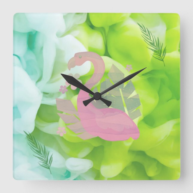 Moderne tropische Rosa Flamingo und Palmen Quadratische Wanduhr (Vorderseite)