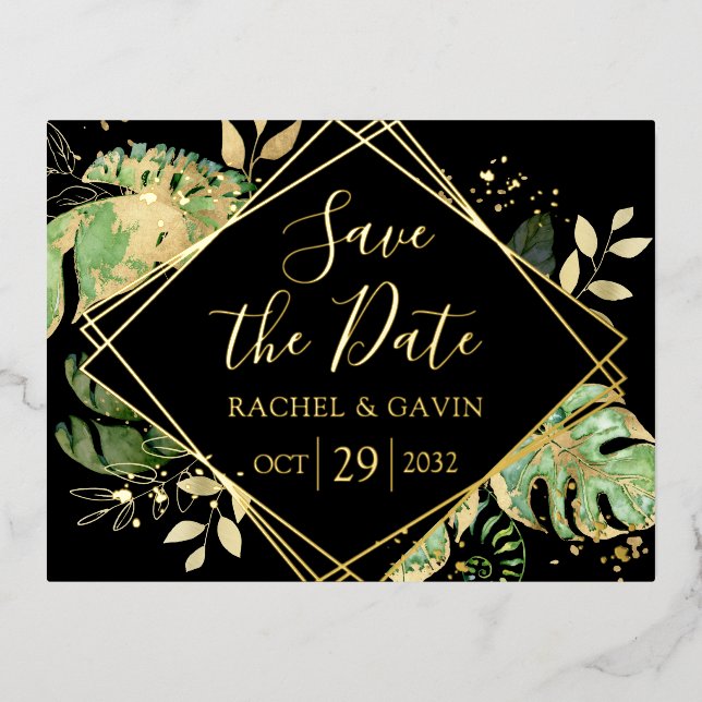 Moderne tropische Save the Date-Foil-Einladung Folie Einladungspostkarte (Vorderseite)