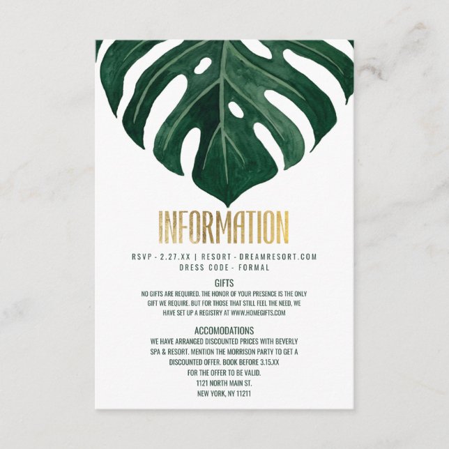 Moderne Tropische Schweizer Käse Leaf Gold Details Begleitkarte (Vorderseite)