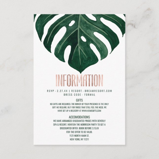 Moderne Tropische Schweizer Käse Leaf Rose Gold De Begleitkarte (Vorderseite)