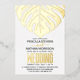 Moderne tropische Schweizer Käseblatt-Goldhochzeit Folieneinladung