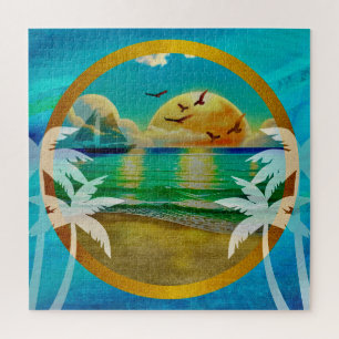 Moderne tropische Strandpalmen Sonnenuntergang Url Puzzle