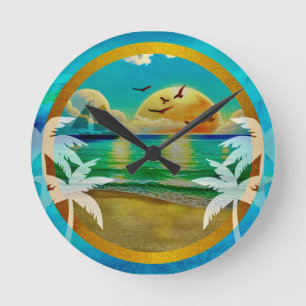 Moderne tropische Strandpalmen Sonnenuntergang Url Runde Wanduhr